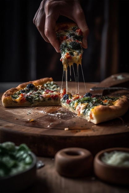 Una mano prende una fetta di pizza con olive e pomodori e formaggio fuso