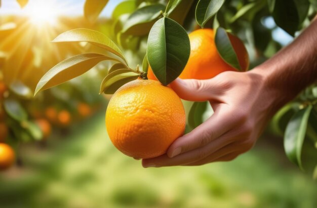 una mano raccoglie un'arancia da un ramo arance mature pendono su un ramo un giardino d'arancia piantagioni di aranci all'orizzonte all'alba o al tramonto luce un giorno di sole