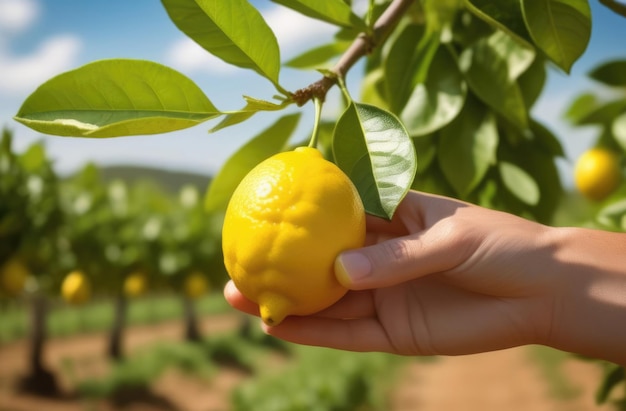 una mano raccoglie un limone da una piantagione di rami un operaio limoni gialli freschi e maturi sui rami di un albero di limoni giardino di limoni piantagioni di limoni all'orizzonte raccolta giorno soleggiato