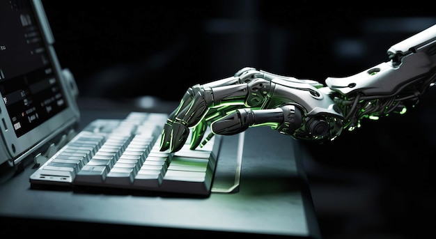 Una mano robot sta digitando su un laptop Tecnologia intelligenza artificiale