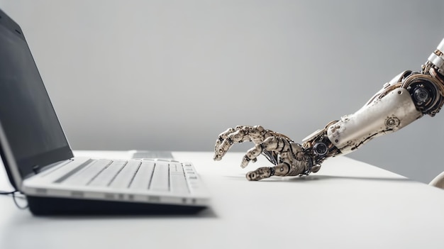Una mano robotica è sulla tastiera di un laptop.