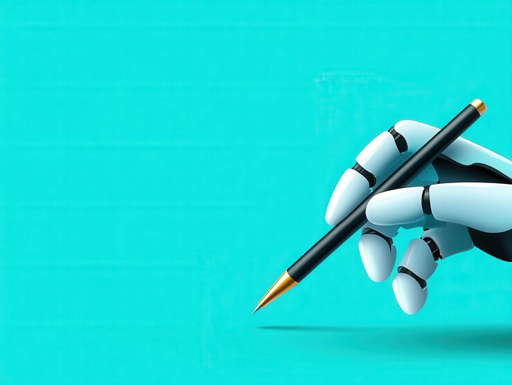 Una mano robotica tiene graziosamente una penna elegante su uno sfondo blu vivace
