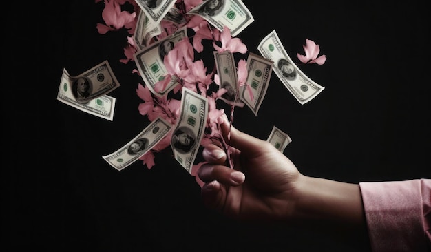 Una mano sta lanciando soldi in aria con petali di fiori rosa sulla mano sinistra.
