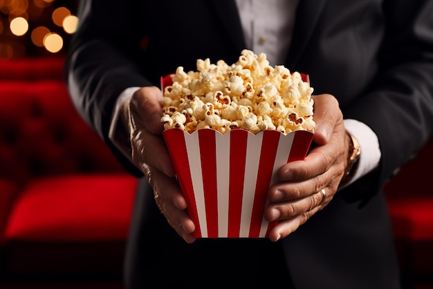 una mano tiene in mano una ciotola di popcorn airpopped pronta per essere goduta durante una serata di cinema accogliente a casa