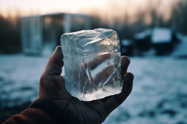 Una mano tiene un blocco di ghiaccio davanti a uno sfondo innevato