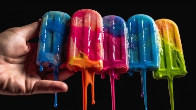 Una mano tiene un ghiacciolo con un liquido color arcobaleno che gocciola lungo il lato.