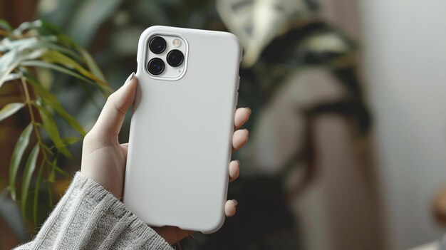 Una mano tiene un telefono bianco con una tripla fotocamera La mano tiene il telefono dal lato Il telefono è in una custodia bianca