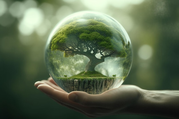 Una mano tiene una palla di vetro con dentro un albero.