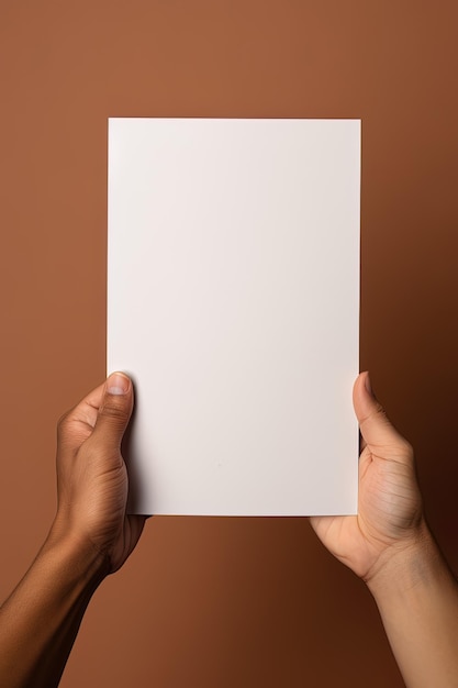 Una mano umana che tiene un foglio bianco di carta bianca o una carta isolata su uno sfondo marrone