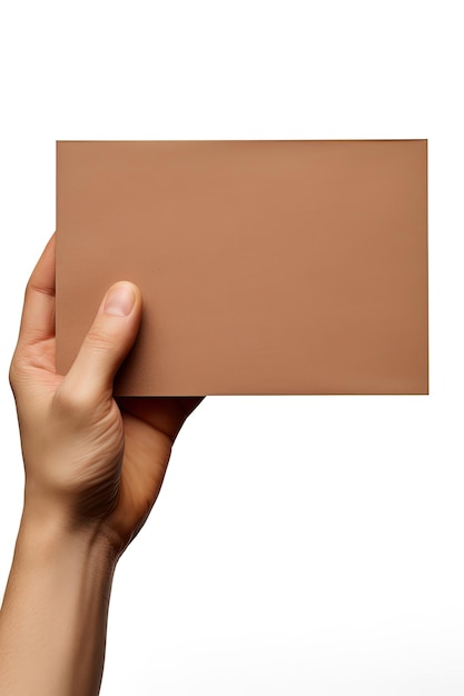 Una mano umana che tiene un foglio bianco di carta marrone o di carta isolata su uno sfondo bianco