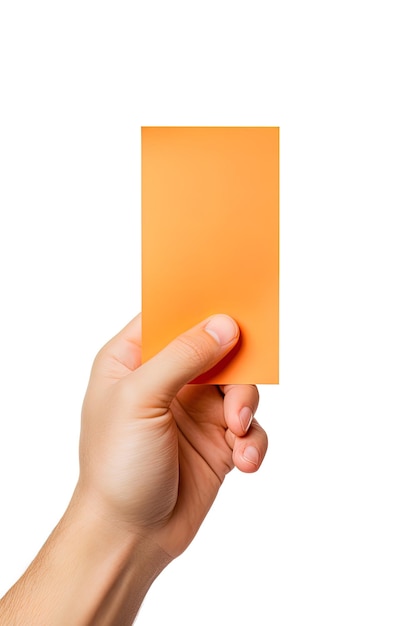Una mano umana che tiene un foglio bianco di carta o carta arancione isolato su uno sfondo bianco