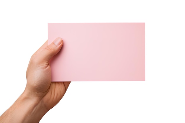 Una mano umana che tiene un foglio bianco di carta rosa o carta isolata su uno sfondo bianco