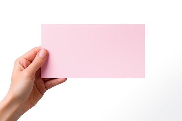 Una mano umana che tiene un foglio bianco di carta rosa o carta isolata su uno sfondo bianco