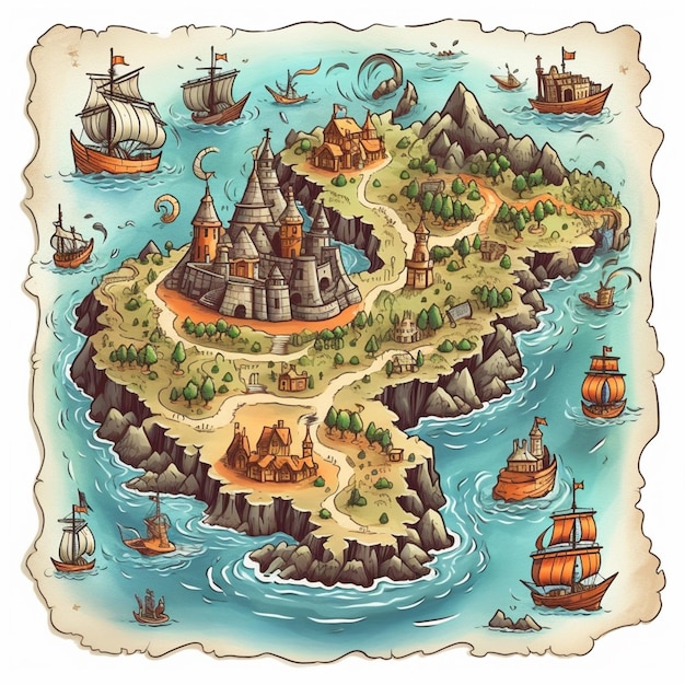 una mappa a fumetti di un'isola pirata con navi e un castello con intelligenza artificiale generativa