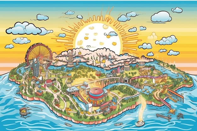 Una mappa cartoon di un parco con il sole che splende su di esso.