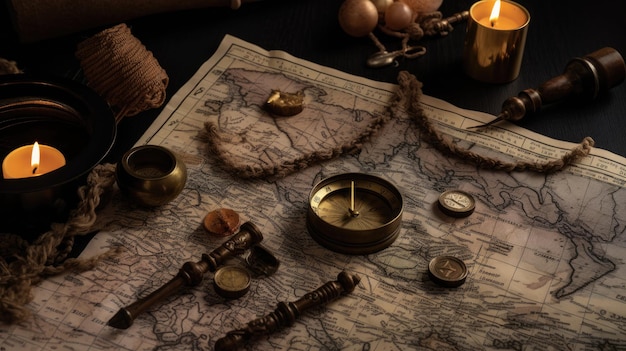 Una mappa con sopra una bussola e una bussola d'oro