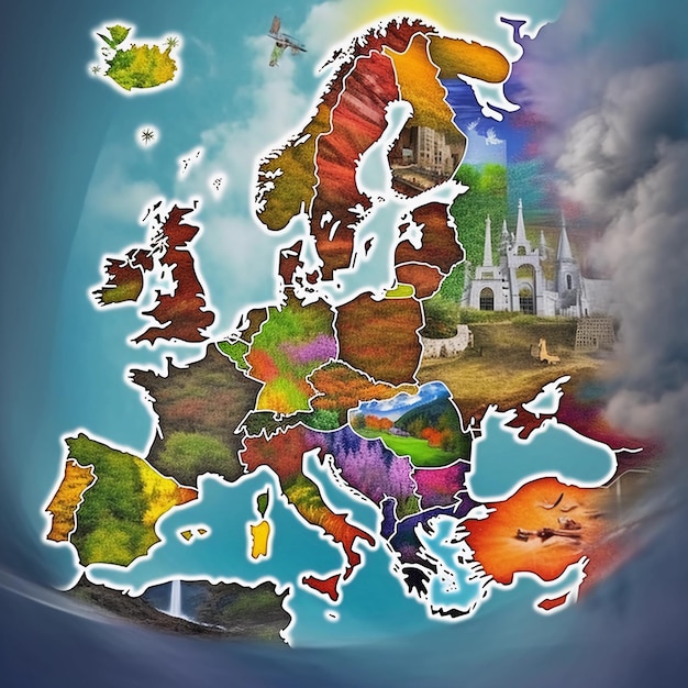 Una mappa creativa dell'Europa con molta natura disegnata a colori vivaci