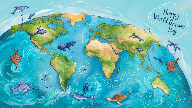 una mappa del mondo con l'oceano e l'oceano sullo sfondo