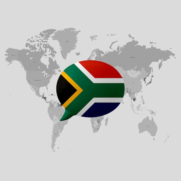 Una mappa del mondo con sopra una bandiera del sud africa.
