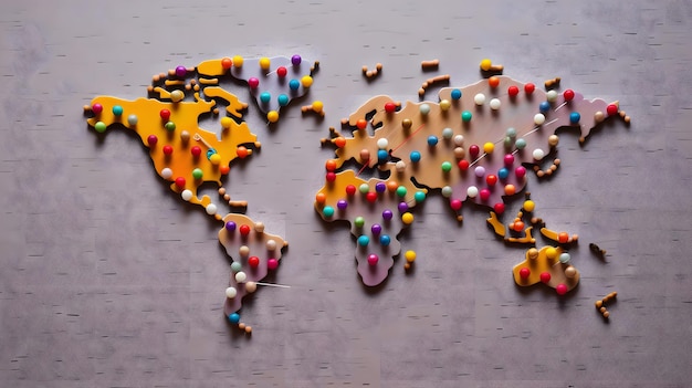 Una mappa del mondo con spilli colorati che segnano diverse destinazioni AI Generato
