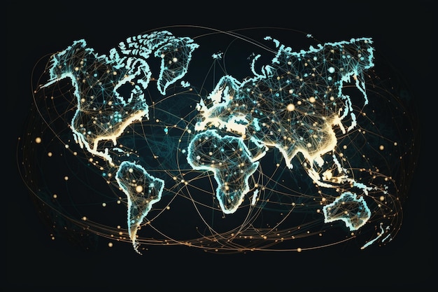 Una mappa del mondo con una rete di punti nel mezzo