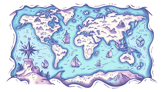 Una mappa del mondo disegnata a mano con una bussola, montagne e navi a vela La mappa ha un tocco vintage ed è disegnata in una combinazione di colori blu e bianco