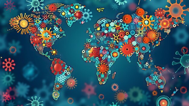 Una mappa del mondo fatta di sfere simili a virus le sfere del virus sono rosse arancione giallo verde blu e viola lo sfondo è blu scuro