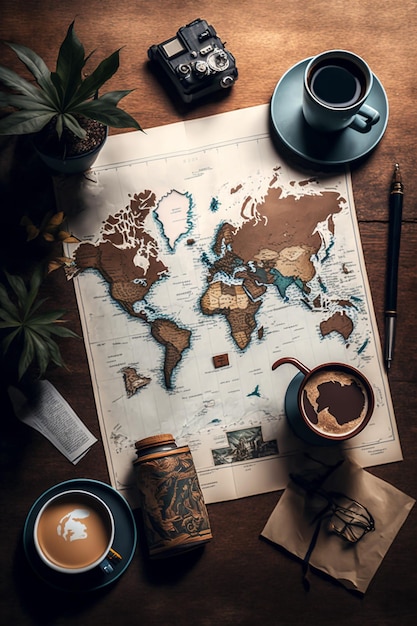 Una mappa del mondo si trova su un tavolo accanto a una tazza di caffè e una tazza di caffè.