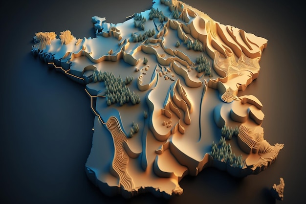 Una mappa delle montagne con alberi e montagne sullo sfondo.