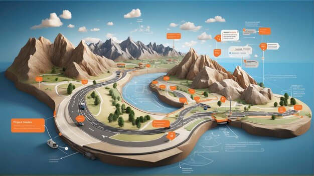 una mappa di un'autostrada con una montagna sullo sfondo e un fiume in primo piano