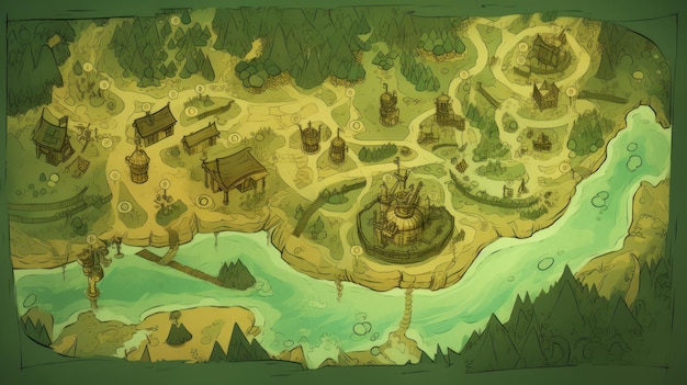 Una mappa di un villaggio con un fiume e un villaggio al centro.