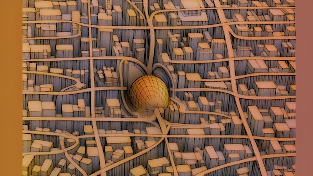una mappa di una città con una palla gialla in cima