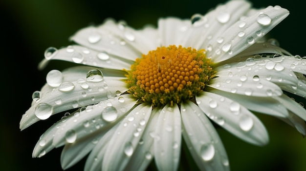 Una margherita bianca con un centro giallo e gocce d'acqua sopra