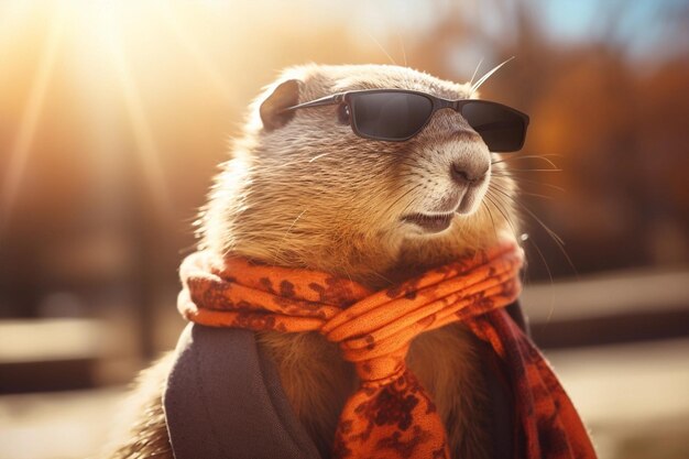 Una marmotta carina con la sciarpa in una soleggiata giornata invernale