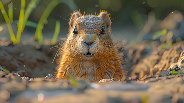 Una marmotta che emerge dalla sua tana in una soleggiata mattinata primaverile lampeggiando alla luce del giorno mentre pre