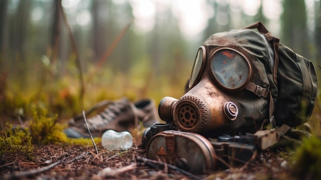 Una maschera antigas si trova nel bosco con un paio di scarpe sullo sfondo.