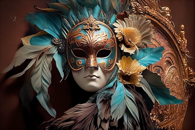 Una maschera con piume e fiori blu e oro