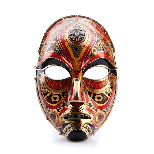 Una maschera con un design oro e rosso