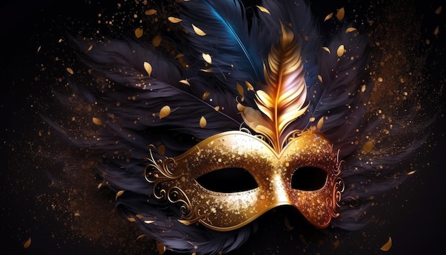 Una maschera d'oro con piume d'oro e uno sfondo nero.