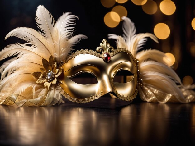 Una maschera d'oro di carnevale adornata con piume di tulle