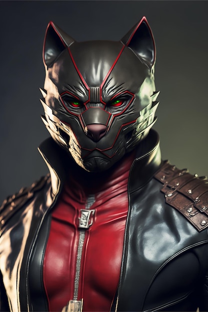 Una maschera da gatto con colletto rosso e occhi rossi