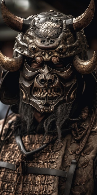 Una maschera da samurai con un grosso naso e un grosso naso.