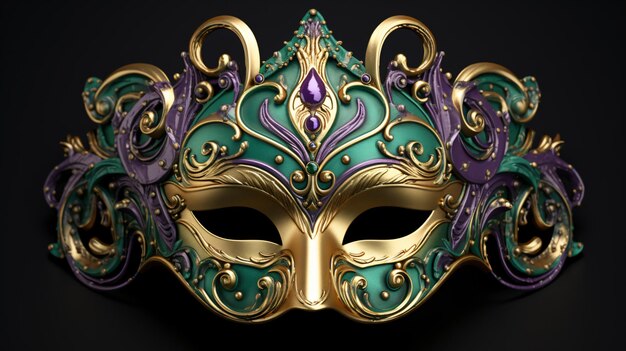 Una maschera decorata in oro viola e verde per i Marda
