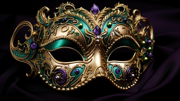 Una maschera decorata in oro viola e verde per i Marda