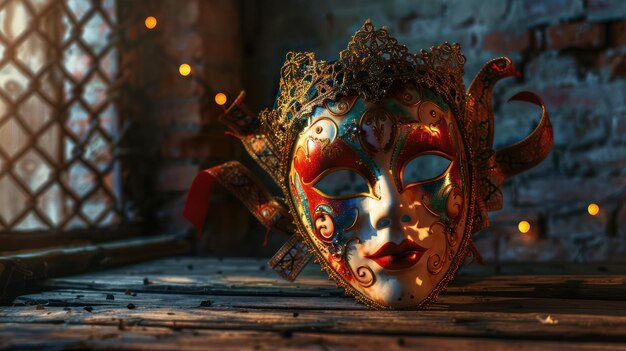 Una maschera di carnevale giace su un vecchio tavolo di legno sullo sfondo di una parete di mattoni