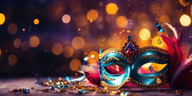 una maschera di carnevale sullo sfondo bokeh con luci