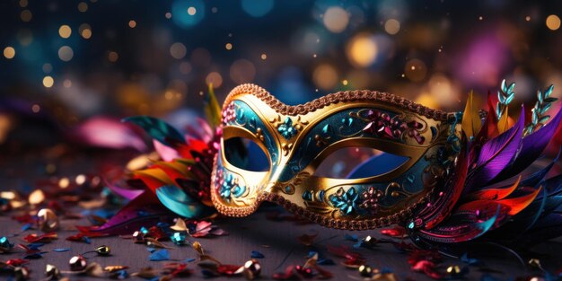 una maschera di carnevale sullo sfondo bokeh con luci