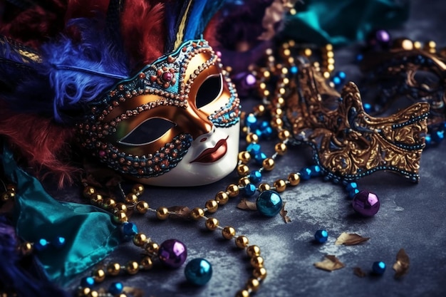 Una maschera di Mardi Gras con una piuma dorata e blu e perle