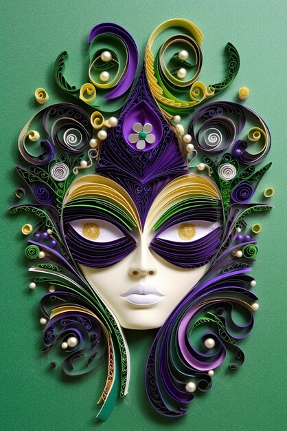 Una maschera fatta di carta quilled su un'immagine ai generativa di sfondo verde