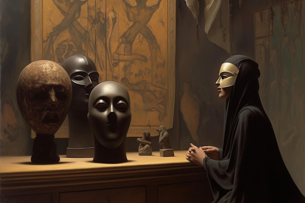 Una maschera in una stanza buia con una donna con una maschera nera accanto a un muro con un dipinto di una donna con una maschera nera.